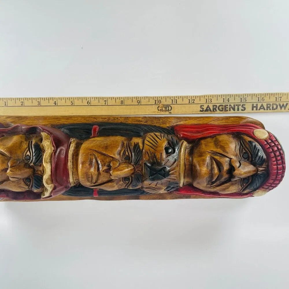 Native American 3-Face Wood Totem Pole Beaver Hand Carved Sculpture 16
